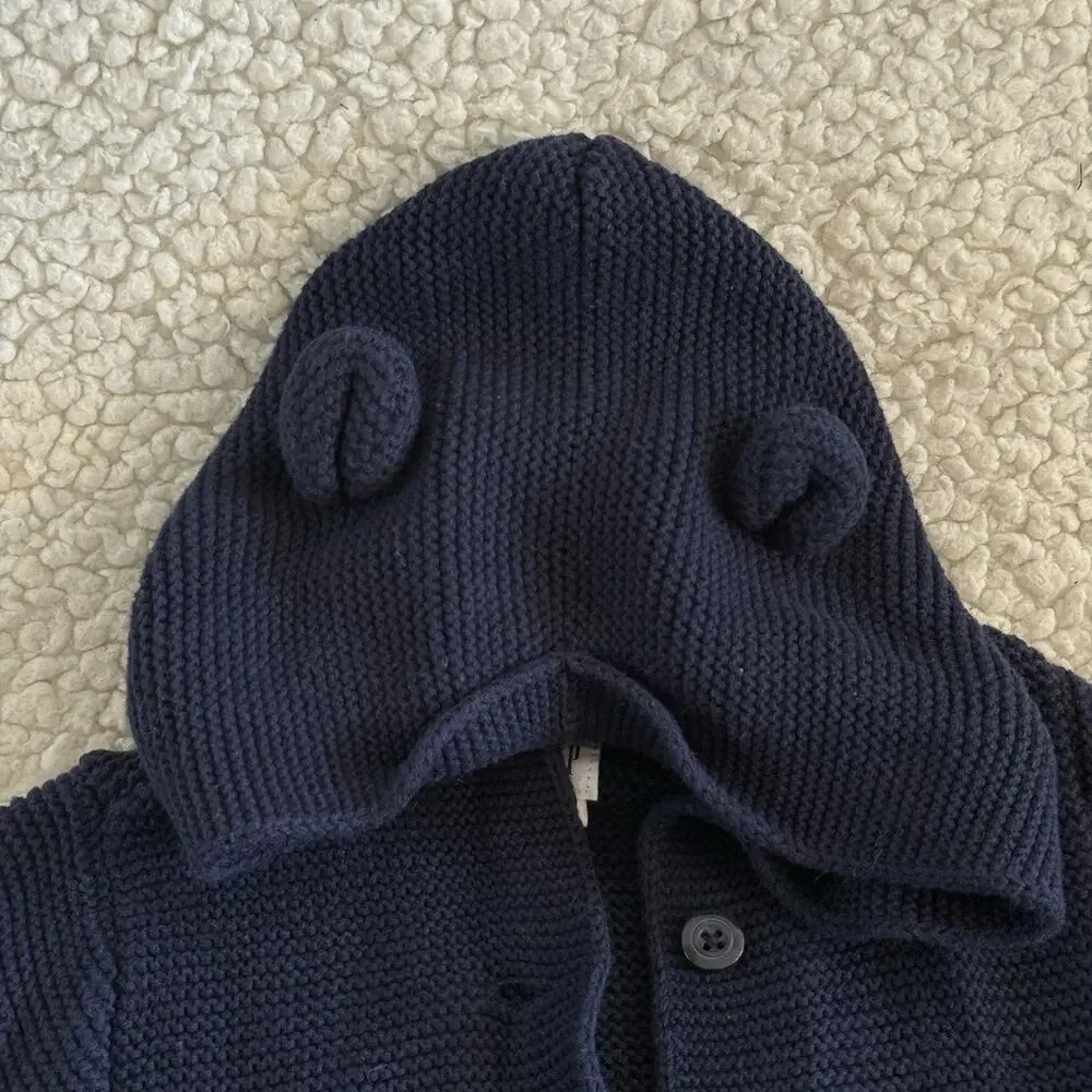 Baby Gap Navy Blue Knit Hoodie‎ Cardigan Sweater with Bear Ears – 18-24 Months